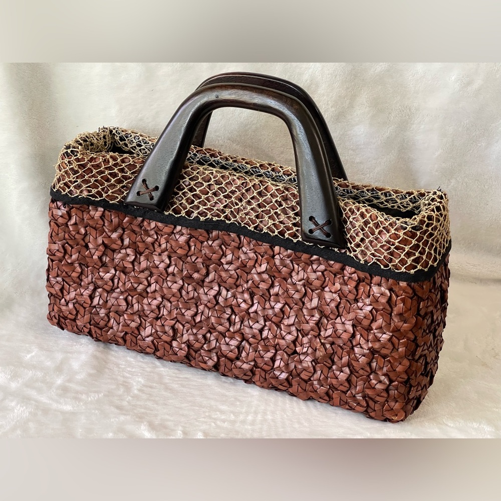Vintage handmade purse from Thailand zipper closure, wood handles
